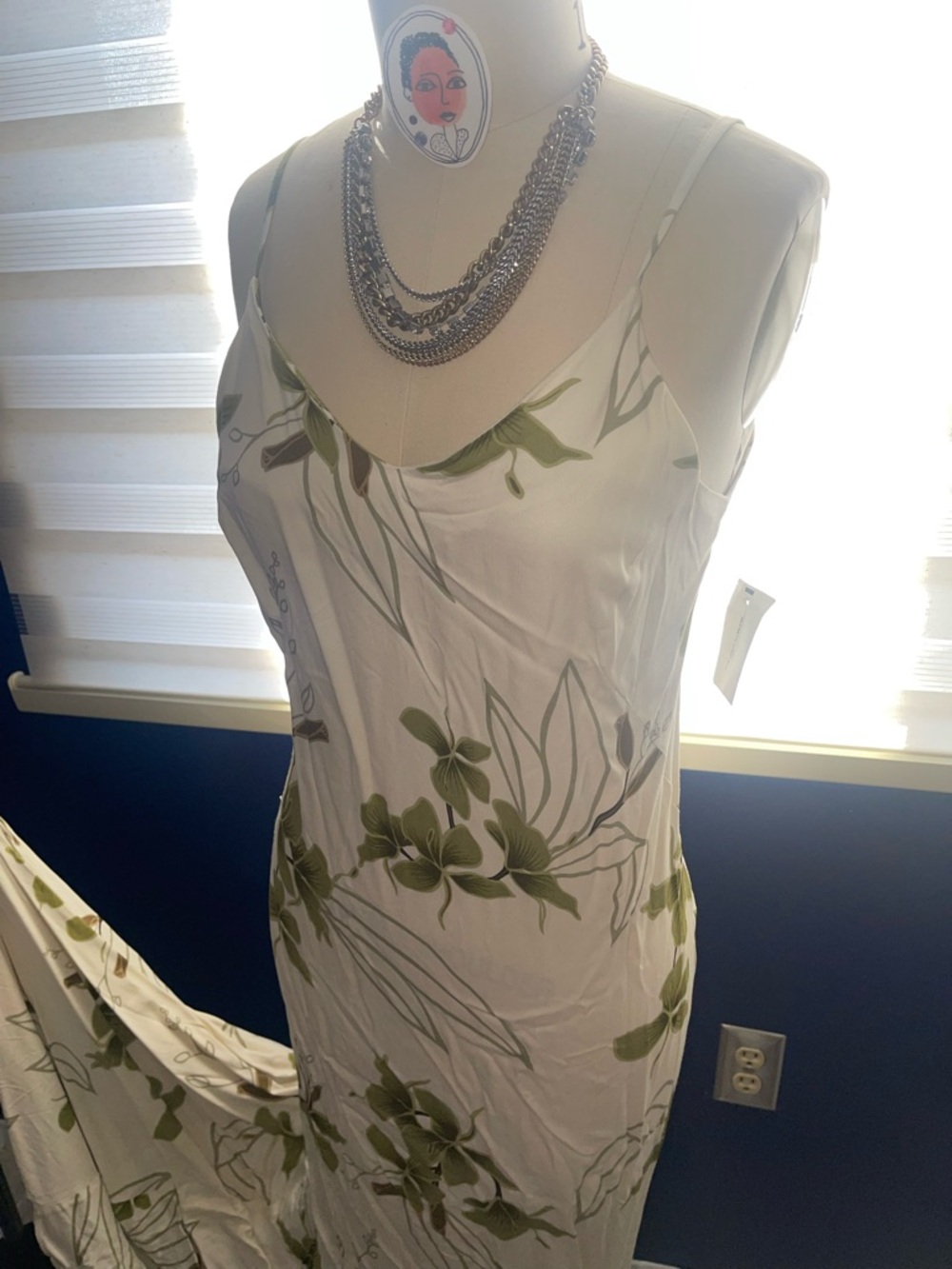 Hilo Hattie Cream Maxi Slip Dress with Green Floral Print. Zip need small repair - Picture 2 of 7